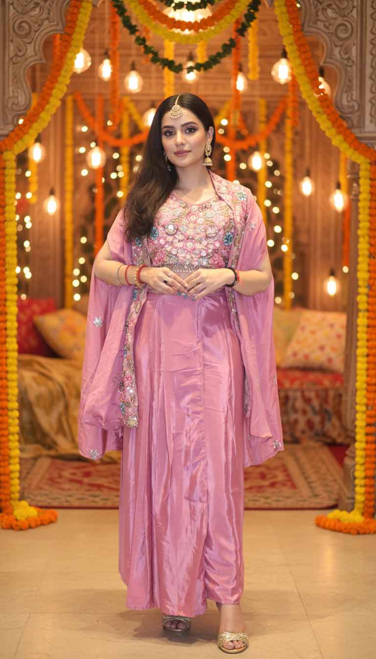 Gulnaaz Blush Drape Jacket Dress